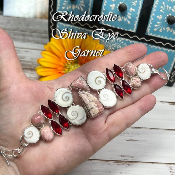 Rhodocrosite Garnet Shiva Eye Bracelet Handmade Gemstone 925 Silver Bohemian New